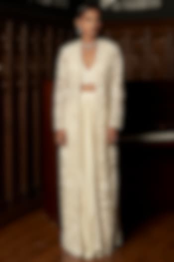 Ivory Net Pearl Embellished Jacket Set by ISTYA at Pernia's Pop Up Shop