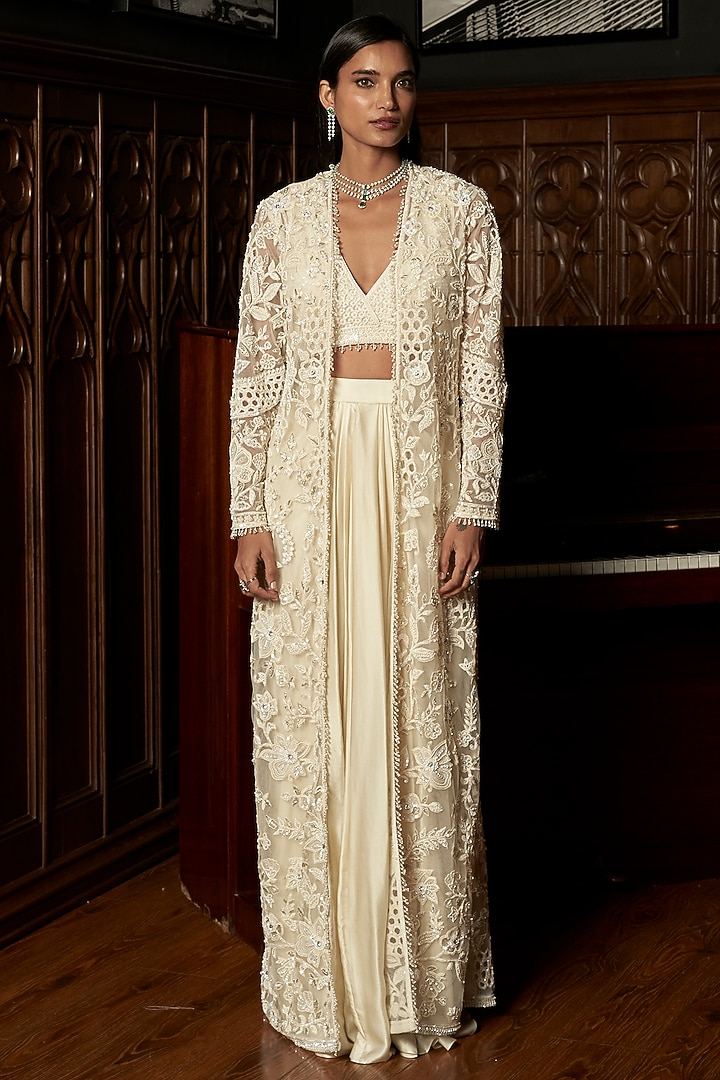 Ivory Net Pearl Embellished Jacket Set by ISTYA at Pernia's Pop Up Shop