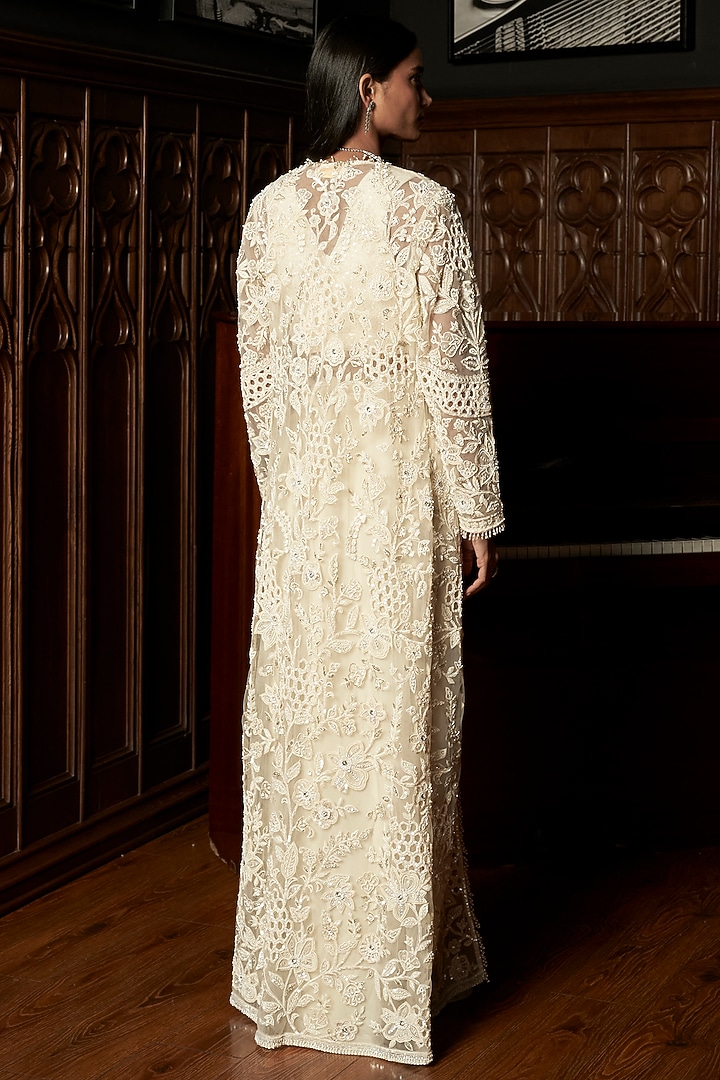 Ivory Net Pearl Embellished Jacket Set by ISTYA at Pernia's Pop Up Shop