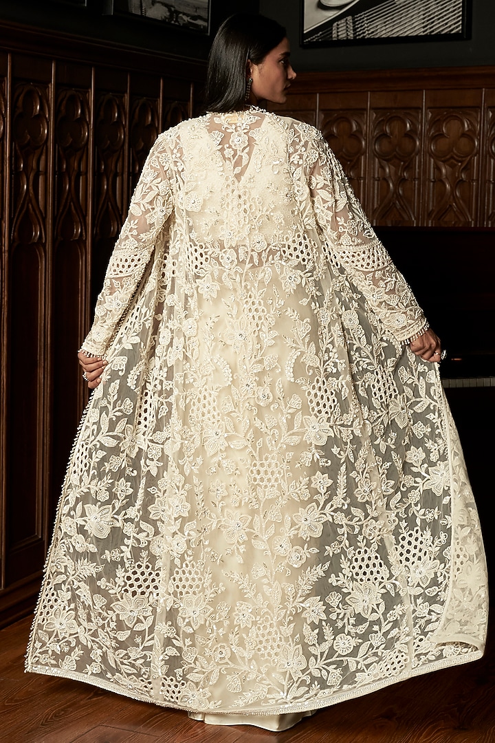 Ivory Net Pearl Embellished Jacket Set by ISTYA at Pernia's Pop Up Shop