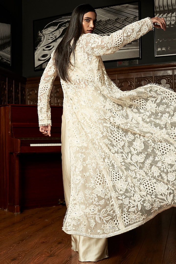 Ivory Net Pearl Embellished Jacket Set by ISTYA at Pernia's Pop Up Shop
