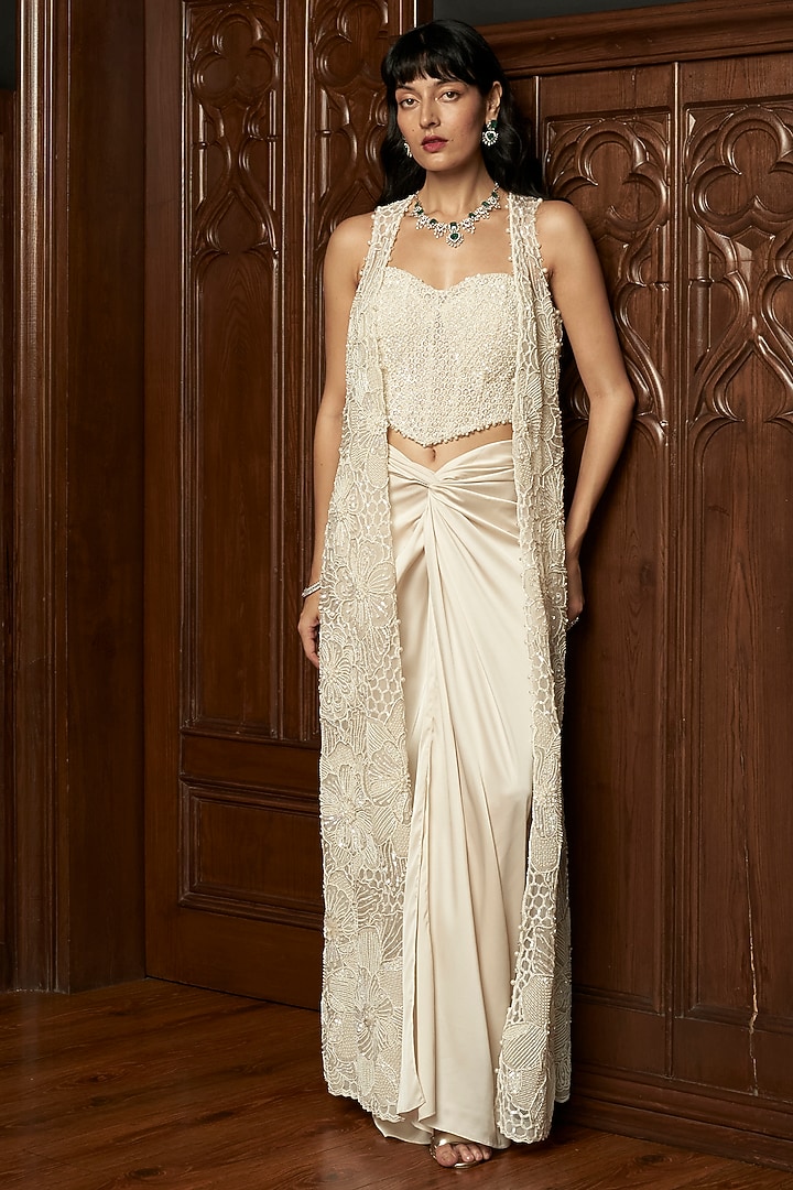 Ivory Satin Draped Skirt Set by ISTYA at Pernia's Pop Up Shop