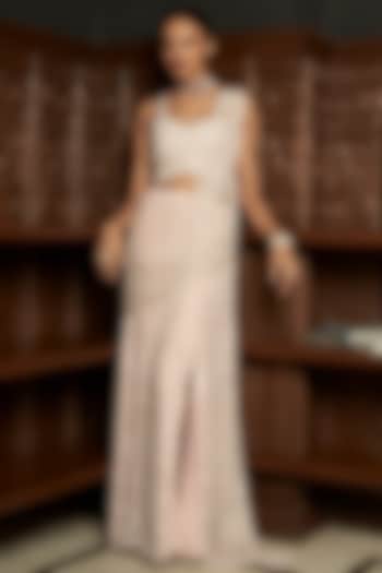 Pink Net Hand Embroidered Draped Reception Saree Set by ISTYA at Pernia's Pop Up Shop