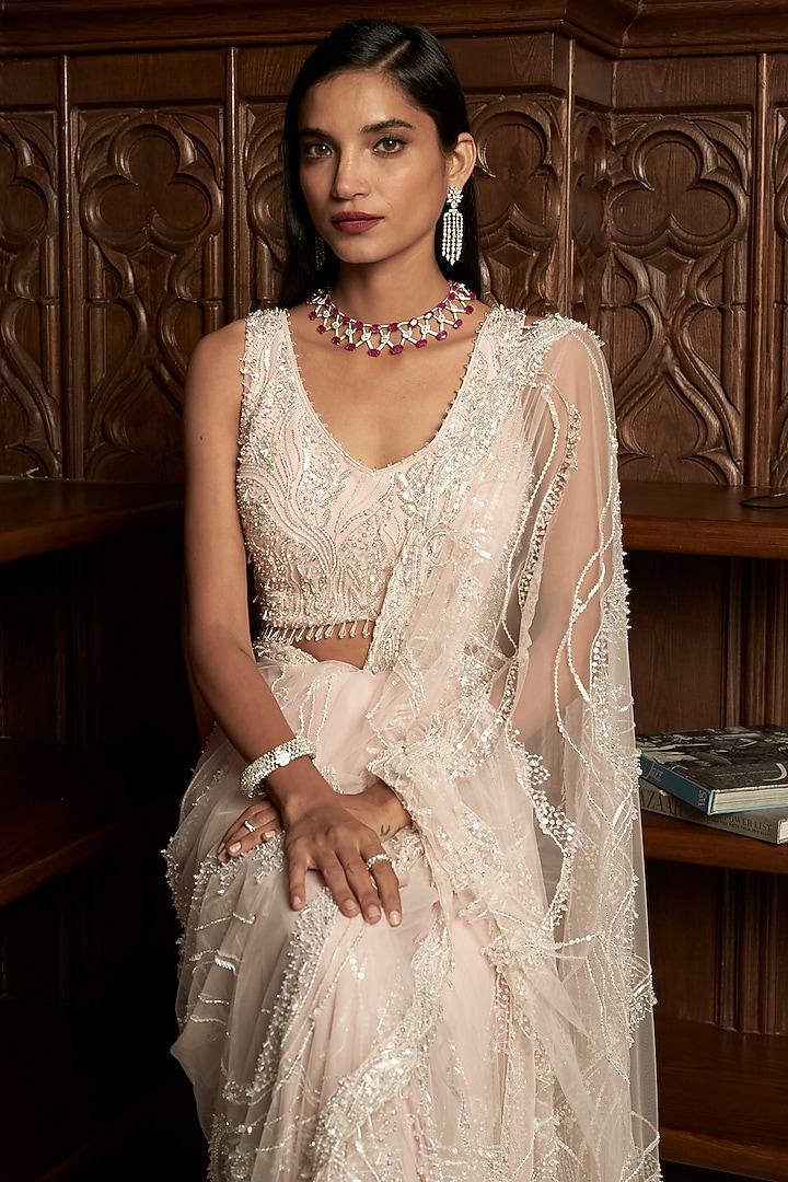 Pink Net Sequins Embellished Reception Saree Set by ISTYA at Pernia's Pop Up Shop
