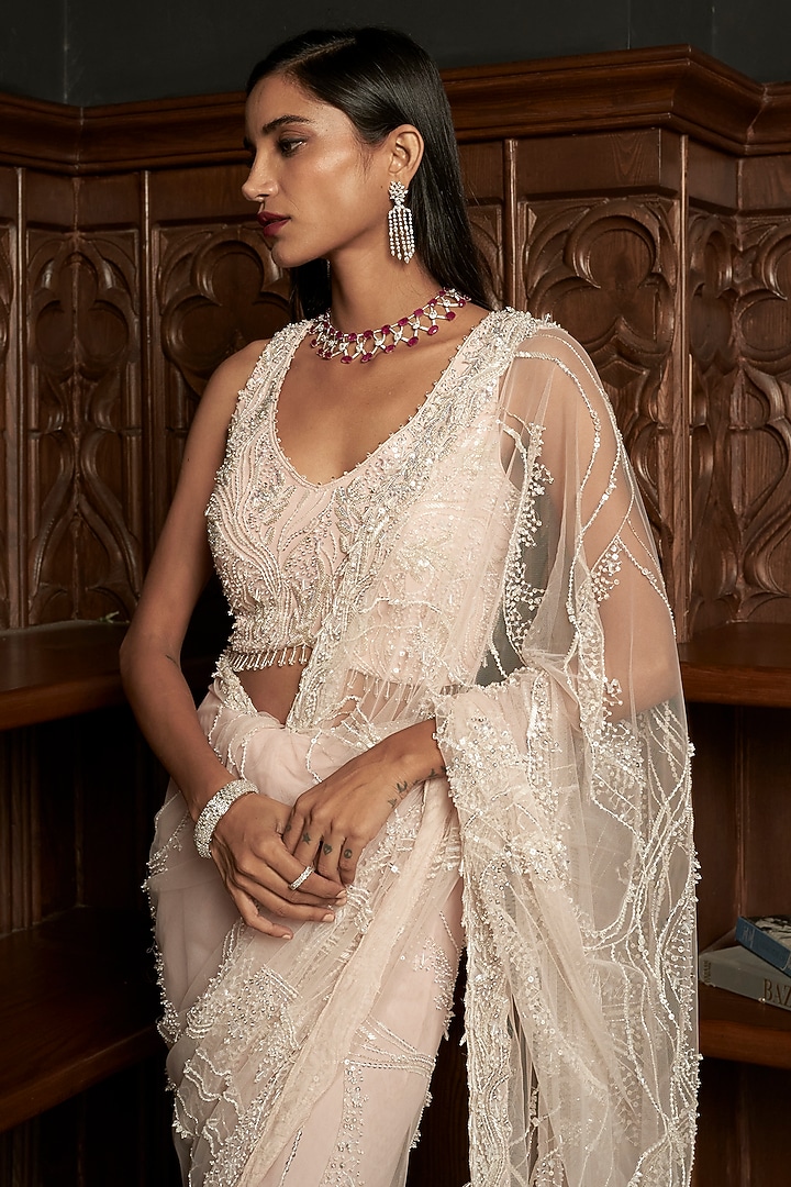 Pink Net Sequins Embellished Reception Saree Set by ISTYA at Pernia's Pop Up Shop