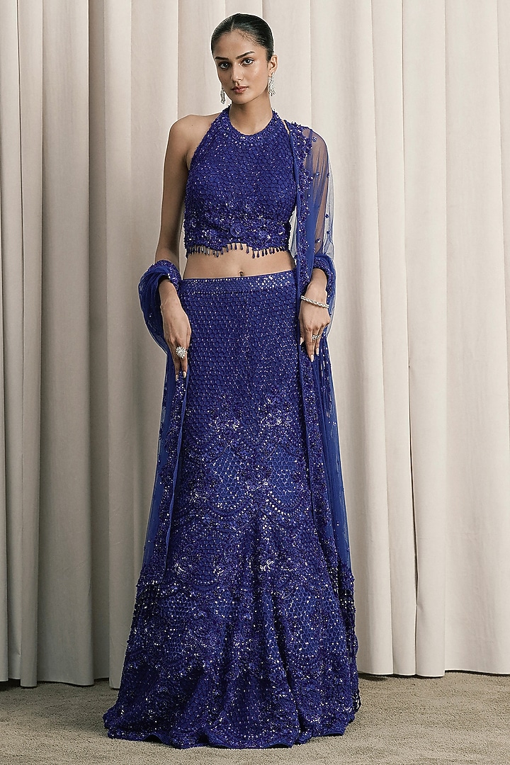 Royal Blue Net Sequin Hand Embroidered Fish-Cut Bridal Lehenga Set by ISTYA at Pernia's Pop Up Shop