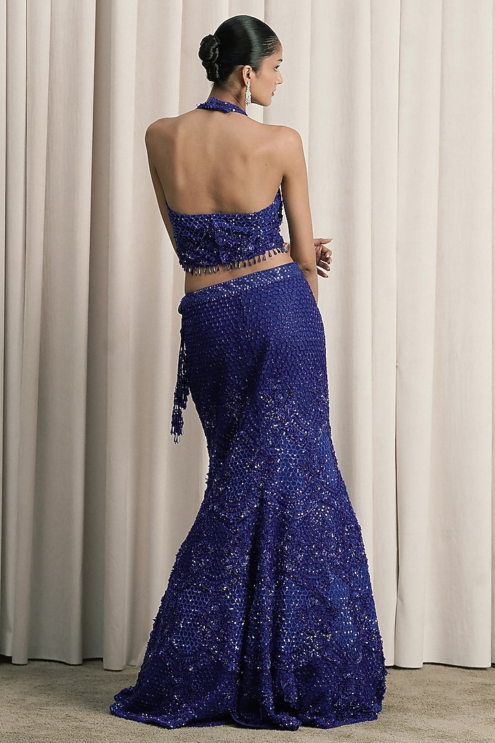 Royal Blue Net Sequin Hand Embroidered Fish-Cut Bridal Lehenga Set by ISTYA at Pernia's Pop Up Shop