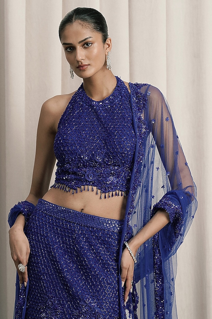 Royal Blue Net Sequin Hand Embroidered Fish-Cut Bridal Lehenga Set by ISTYA at Pernia's Pop Up Shop