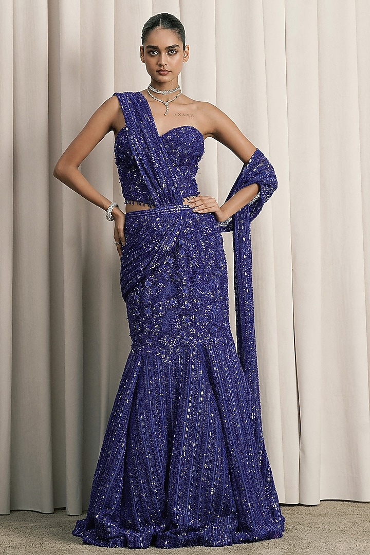 Royal Blue Net Sequin Embroidered Fish-Cut Bridal Lehenga Set by ISTYA at Pernia's Pop Up Shop