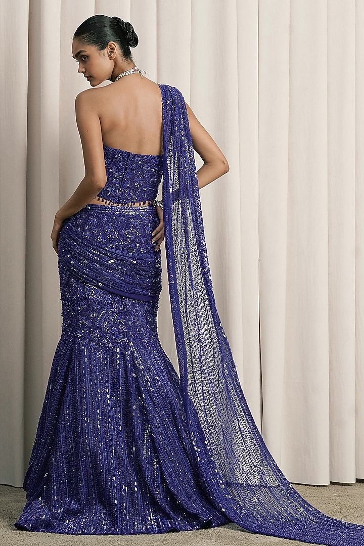 Royal Blue Net Sequin Embroidered Fish-Cut Bridal Lehenga Set by ISTYA at Pernia's Pop Up Shop