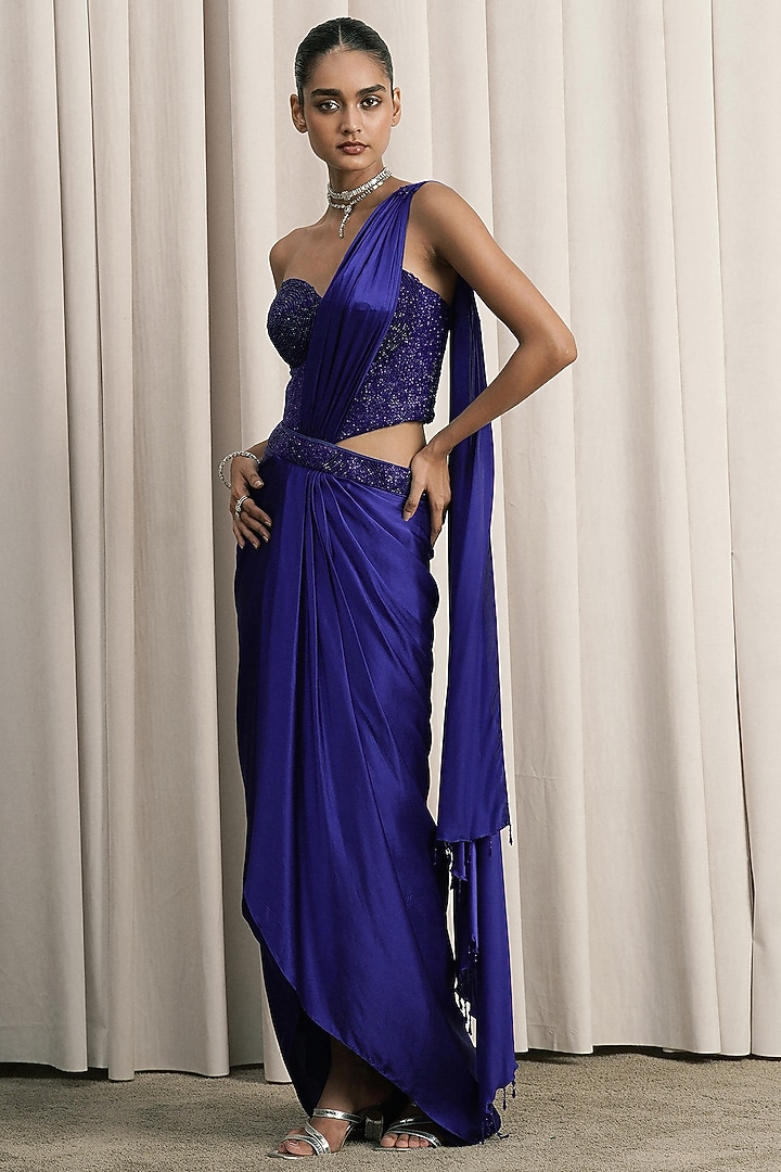 Royal Blue Satin Pre-Draped Wedding Saree Set by ISTYA at Pernia's Pop Up Shop