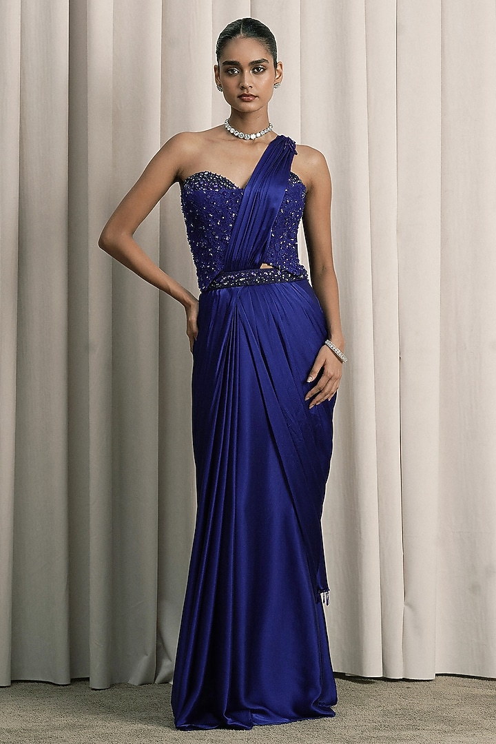 Royal Blue Satin Pre-Draped Wedding Saree Set by ISTYA at Pernia's Pop Up Shop