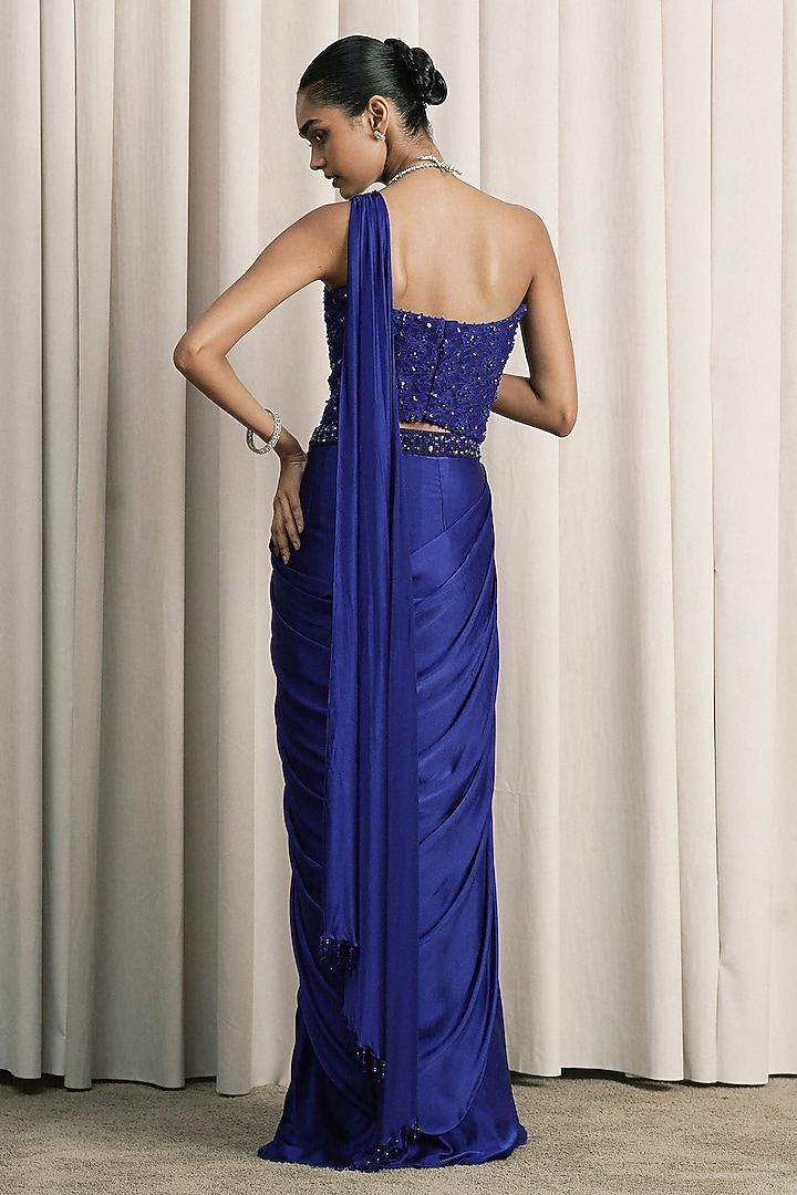 Royal Blue Satin Pre-Draped Wedding Saree Set by ISTYA at Pernia's Pop Up Shop