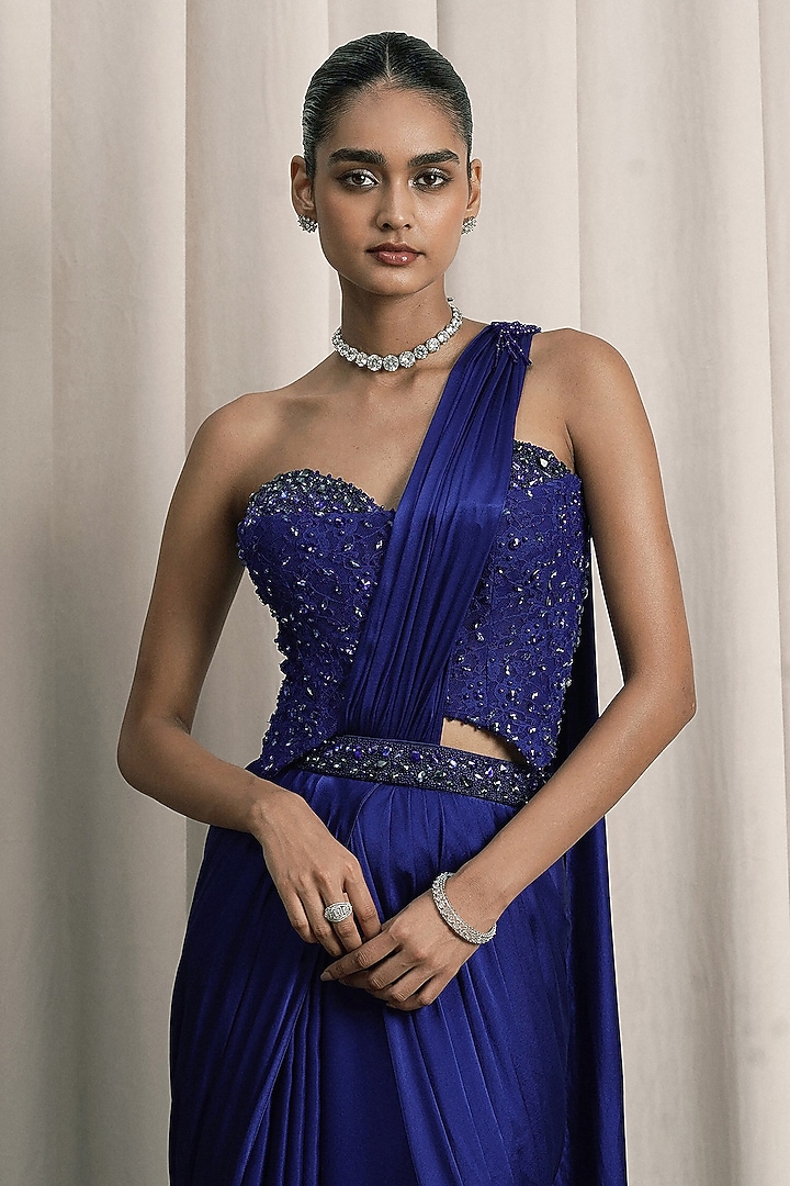 Royal Blue Satin Pre-Draped Wedding Saree Set by ISTYA at Pernia's Pop Up Shop