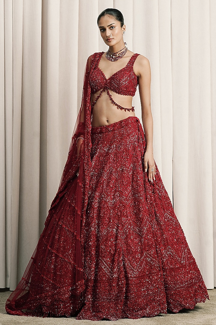 Red Net Floral & Crystal Embroidered Bridal Lehenga Set by ISTYA at Pernia's Pop Up Shop