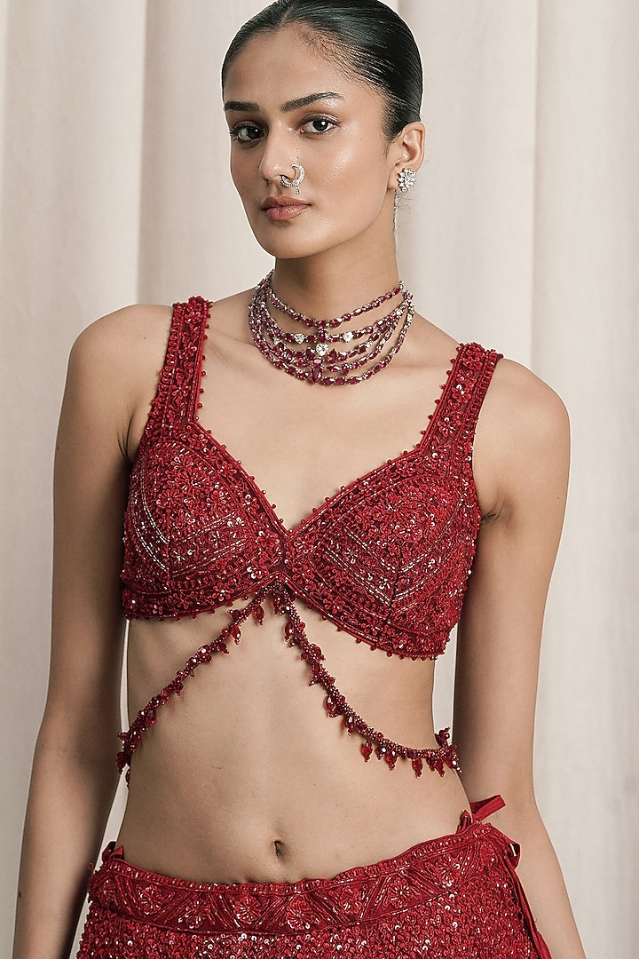 Red Net Floral & Crystal Embroidered Bridal Lehenga Set by ISTYA at Pernia's Pop Up Shop