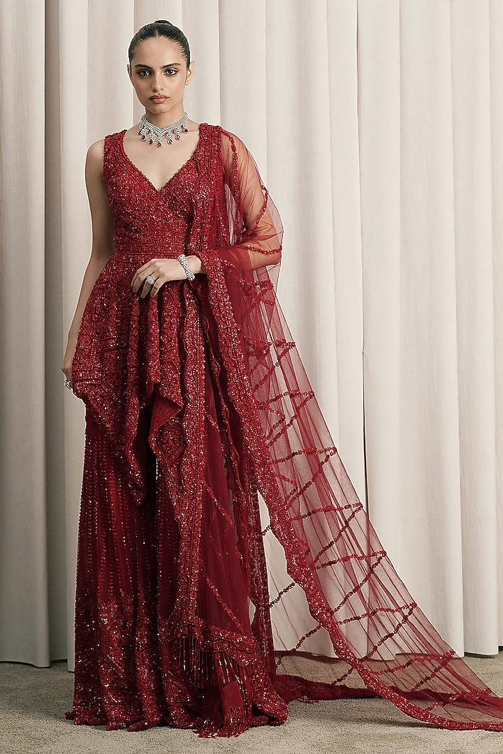 Red Net Sequin Embellished Bridal Sharara Set by ISTYA at Pernia's Pop Up Shop
