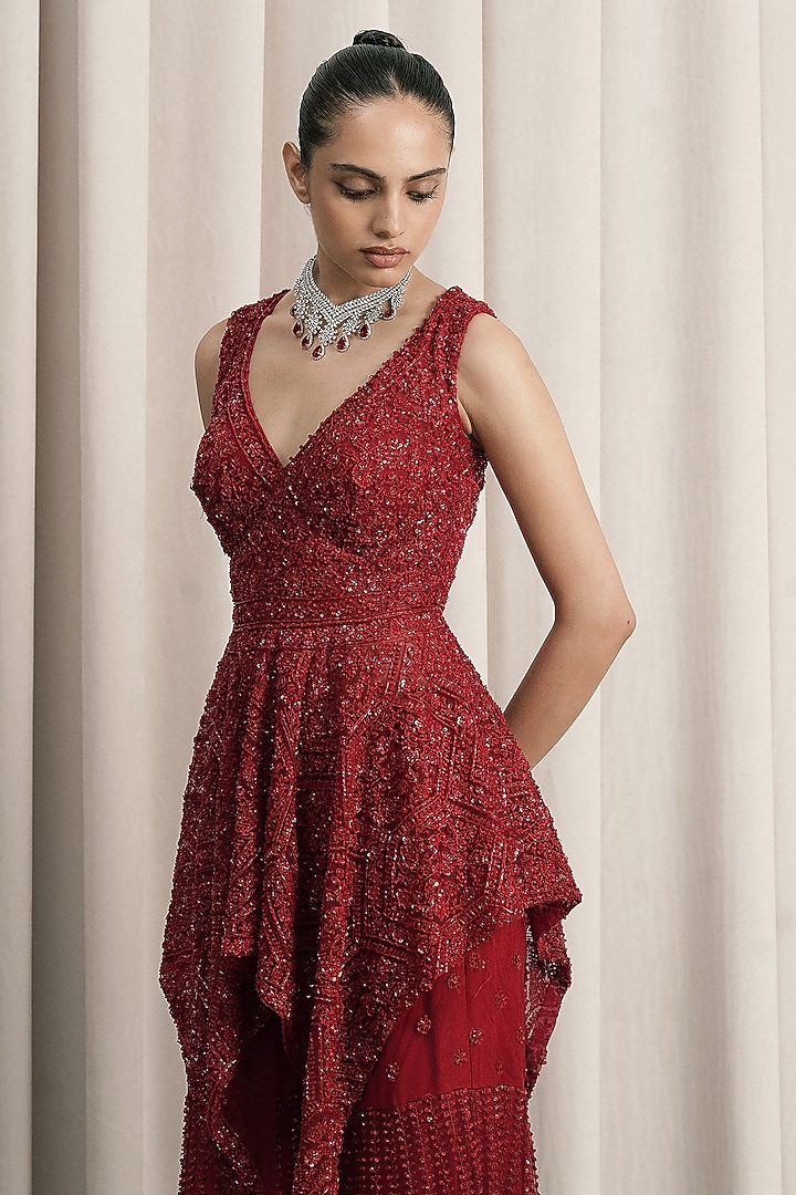 Red Net Sequin Embellished Bridal Sharara Set by ISTYA at Pernia's Pop Up Shop
