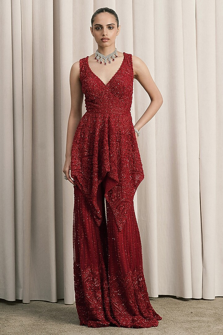 Red Net Sequin Embellished Bridal Sharara Set by ISTYA at Pernia's Pop Up Shop