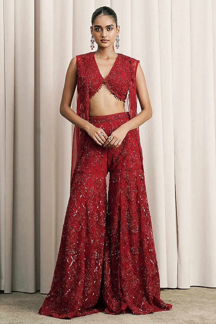 Red Net Hand Embellished Pant Set by ISTYA at Pernia's Pop Up Shop