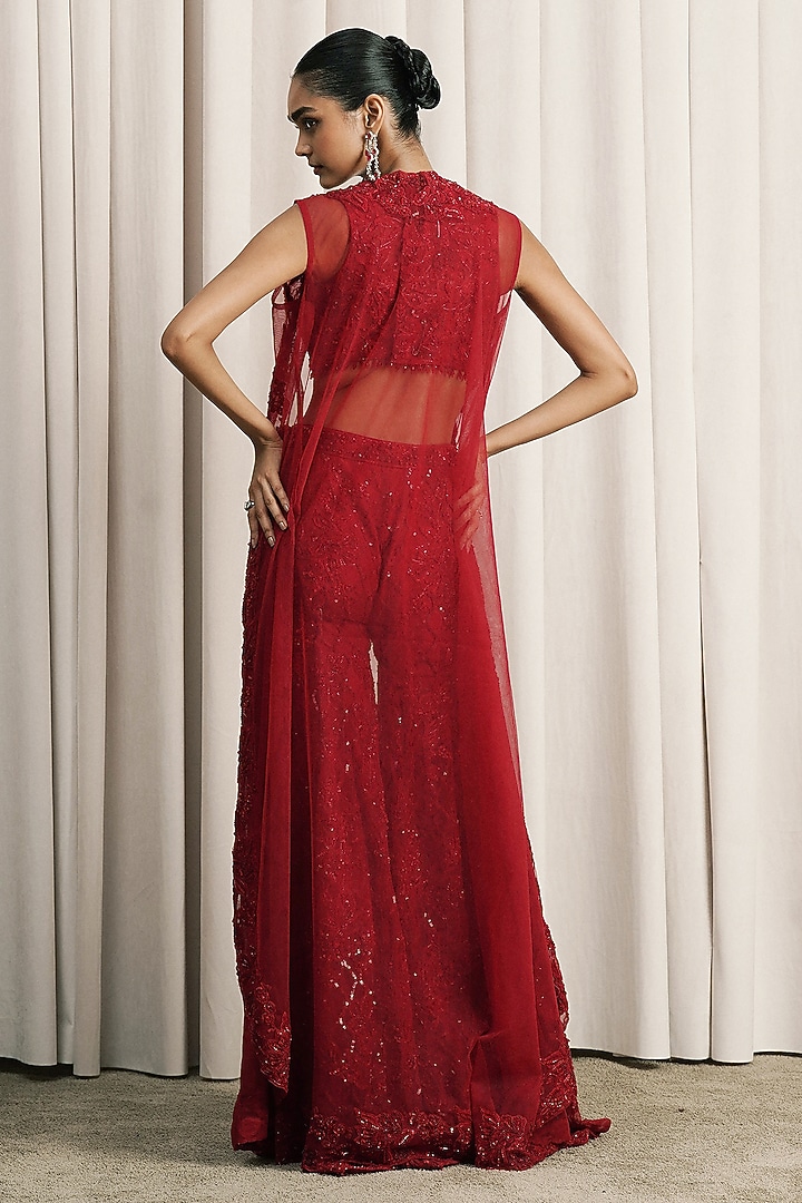 Red Net Hand Embellished Pant Set by ISTYA at Pernia's Pop Up Shop