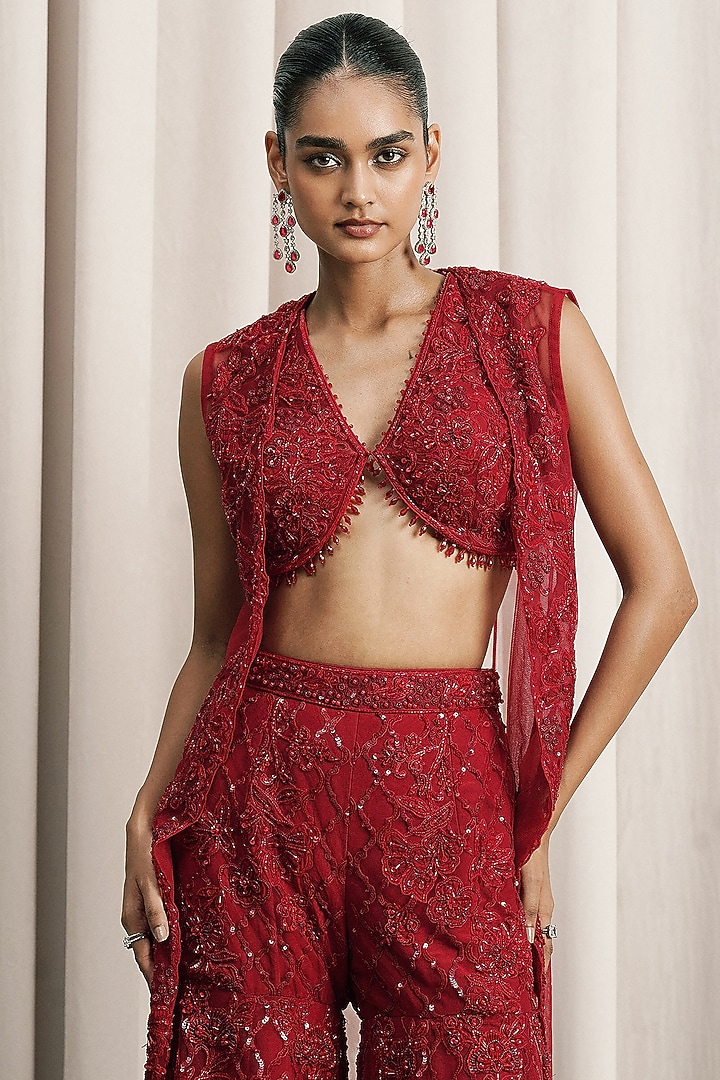 Red Net Hand Embellished Pant Set by ISTYA at Pernia's Pop Up Shop