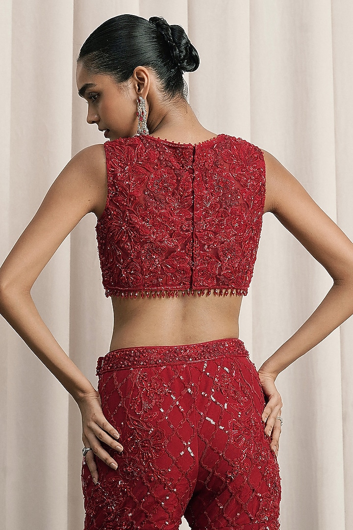 Red Net Hand Embellished Pant Set by ISTYA at Pernia's Pop Up Shop