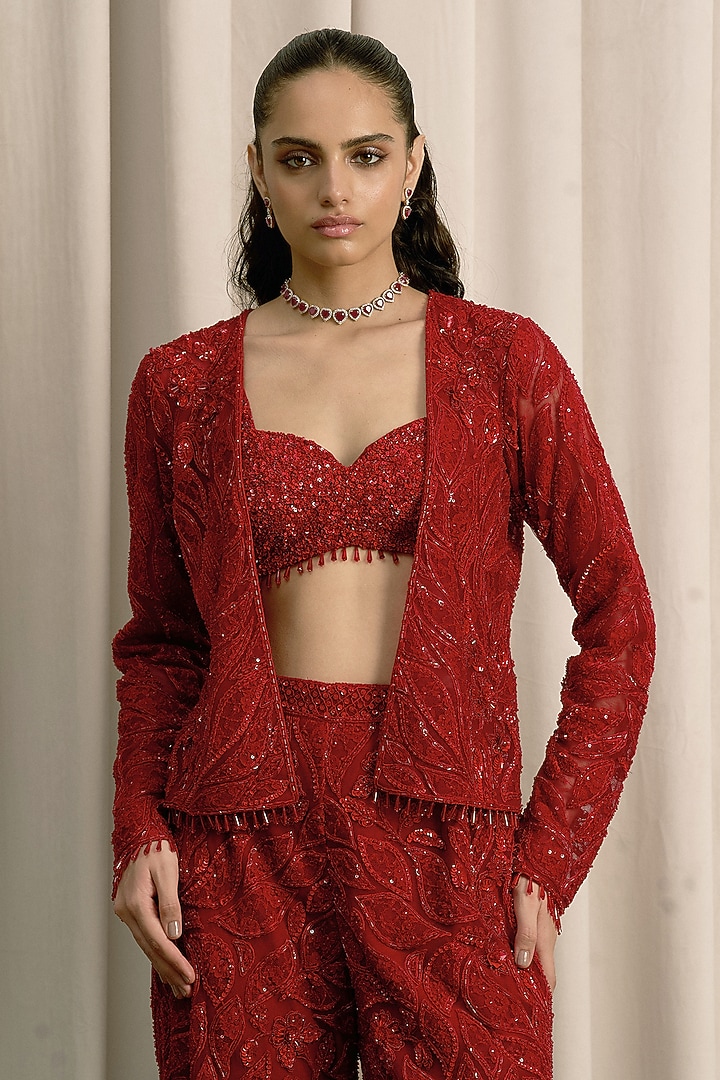 Red Net Sequin Embellished Flared Pant Set by ISTYA at Pernia's Pop Up Shop