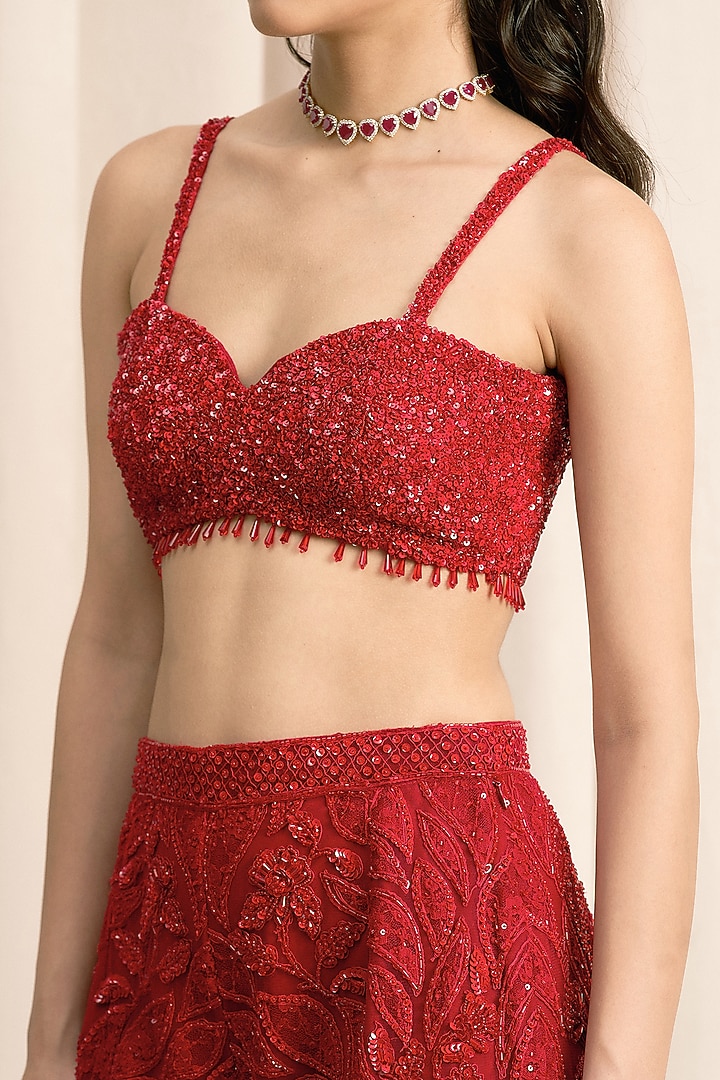 Red Net Sequin Embellished Flared Pant Set by ISTYA at Pernia's Pop Up Shop