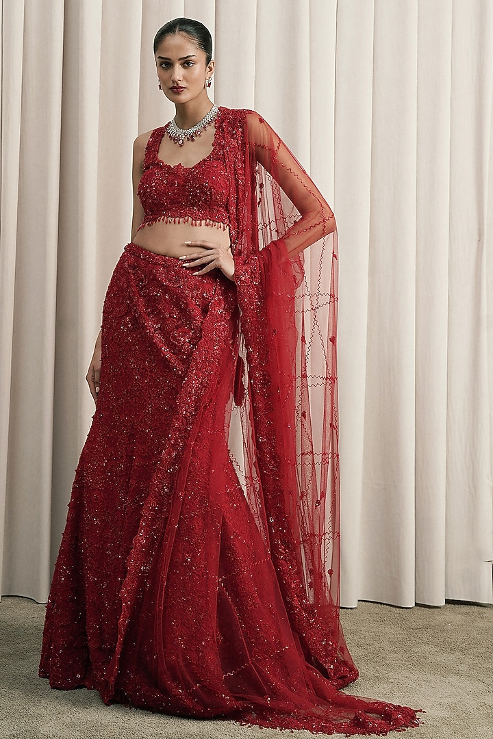 Red Net Sequin Embroidered Fish-Cut Bridal Lehenga Set by ISTYA at Pernia's Pop Up Shop