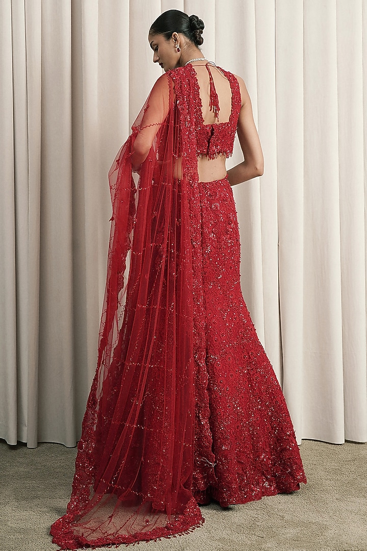 Red Net Sequin Embroidered Fish-Cut Bridal Lehenga Set by ISTYA at Pernia's Pop Up Shop