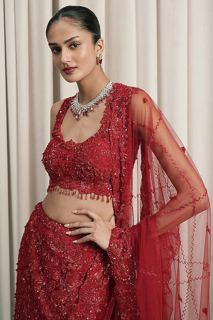 Red Net Sequin Embroidered Fish-Cut Bridal Lehenga Set by ISTYA at Pernia's Pop Up Shop