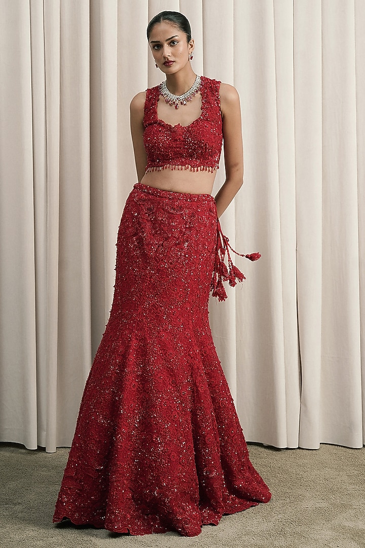 Red Net Sequin Embroidered Fish-Cut Bridal Lehenga Set by ISTYA at Pernia's Pop Up Shop