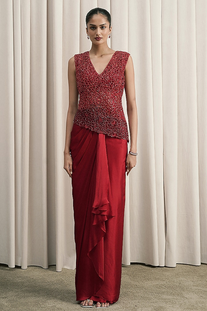 Red Satin Draped Skirt Set by ISTYA at Pernia's Pop Up Shop