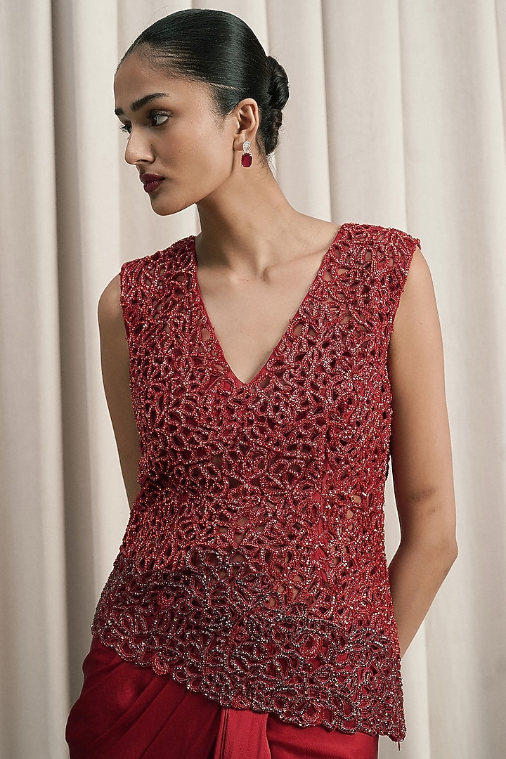 Red Satin Draped Skirt Set by ISTYA at Pernia's Pop Up Shop