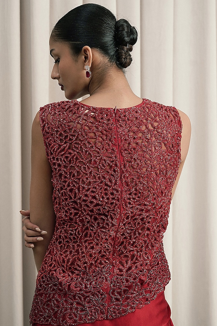 Red Satin Draped Skirt Set by ISTYA at Pernia's Pop Up Shop