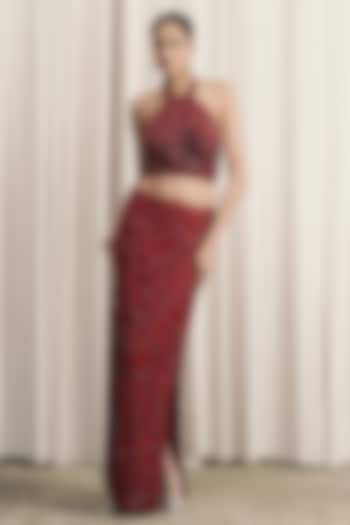 Red Organza Bead Embellished Slit Skirt Set by ISTYA at Pernia's Pop Up Shop