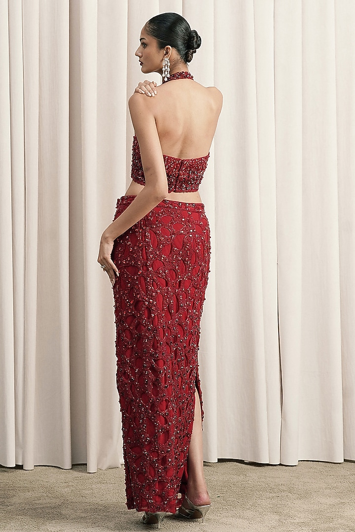 Red Organza Bead Embellished Slit Skirt Set by ISTYA at Pernia's Pop Up Shop