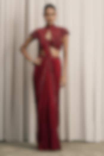 Red Georgette Cutdana Embellished Draped Jacket Wedding Saree Set by ISTYA at Pernia's Pop Up Shop