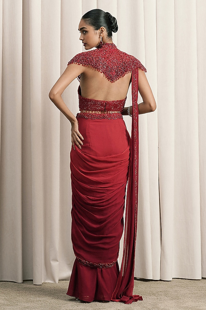 Red Georgette Cutdana Embellished Draped Jacket Wedding Saree Set by ISTYA at Pernia's Pop Up Shop