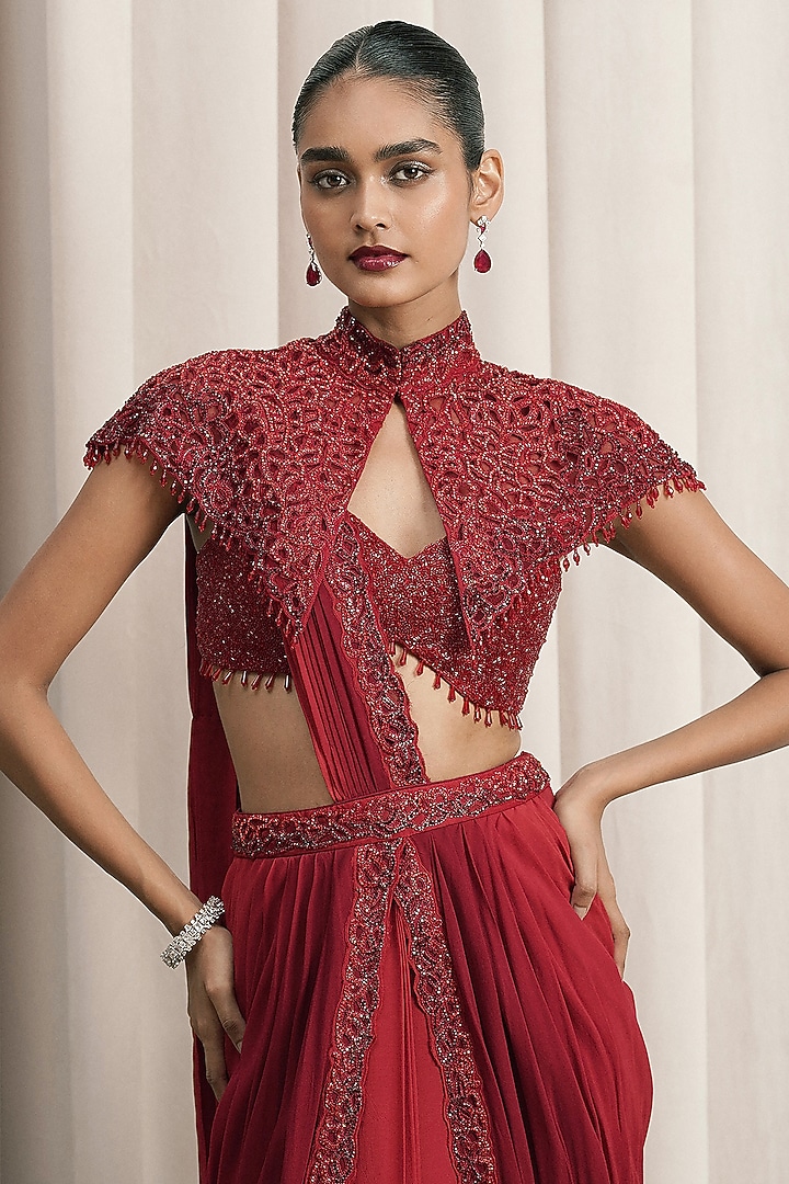 Red Georgette Cutdana Embellished Draped Jacket Wedding Saree Set by ISTYA at Pernia's Pop Up Shop