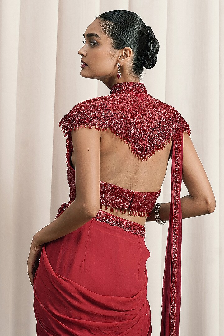 Red Georgette Cutdana Embellished Draped Jacket Wedding Saree Set by ISTYA at Pernia's Pop Up Shop