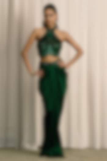 Emerald Green Satin Pleated Skirt Set by ISTYA at Pernia's Pop Up Shop