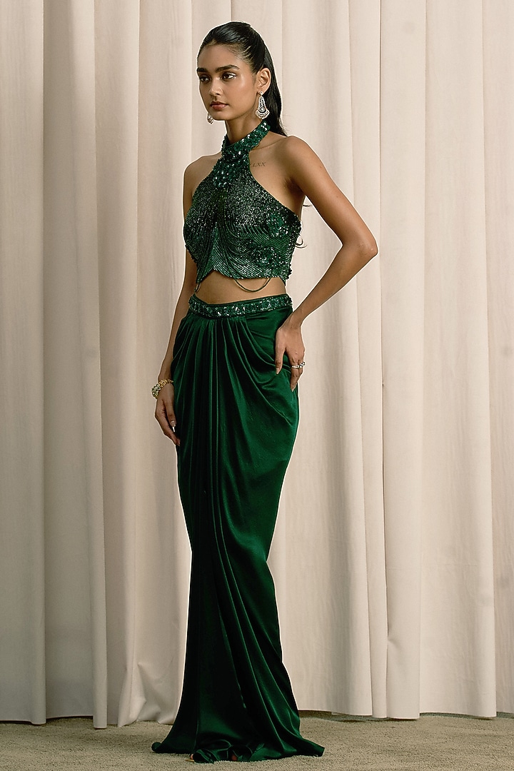 Emerald Green Satin Pleated Skirt Set by ISTYA at Pernia's Pop Up Shop