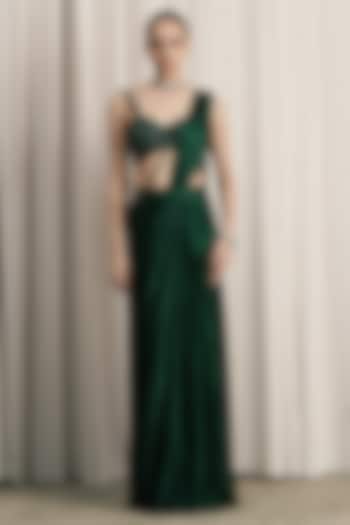 Emerald Green Satin Draped Wedding Saree Set by ISTYA at Pernia's Pop Up Shop