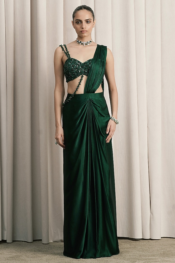 Emerald Green Satin Draped Wedding Saree Set by ISTYA at Pernia's Pop Up Shop