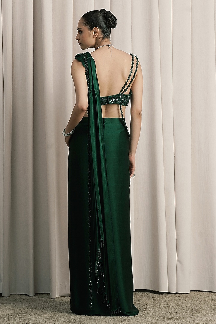 Emerald Green Satin Draped Wedding Saree Set by ISTYA at Pernia's Pop Up Shop
