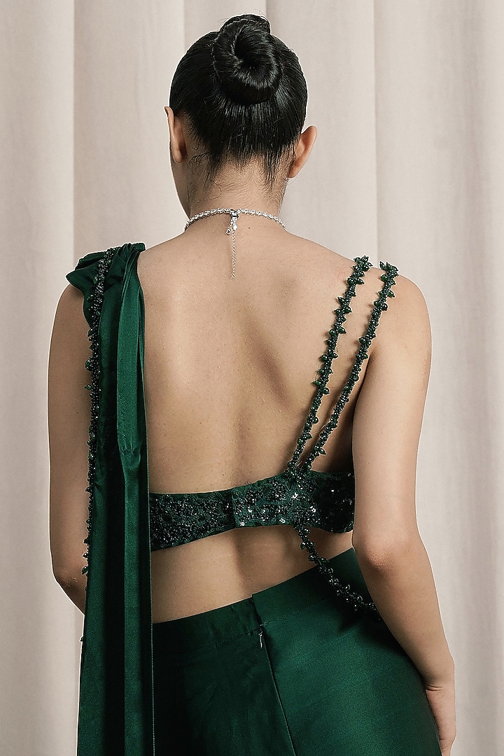 Emerald Green Satin Draped Wedding Saree Set by ISTYA at Pernia's Pop Up Shop
