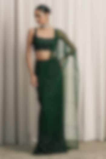 Emerald Green Net Hand Embellished Draped Reception Saree Set by ISTYA at Pernia's Pop Up Shop