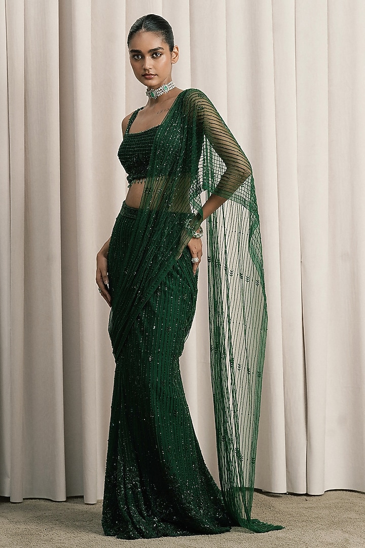 Emerald Green Net Hand Embellished Draped Reception Saree Set by ISTYA at Pernia's Pop Up Shop
